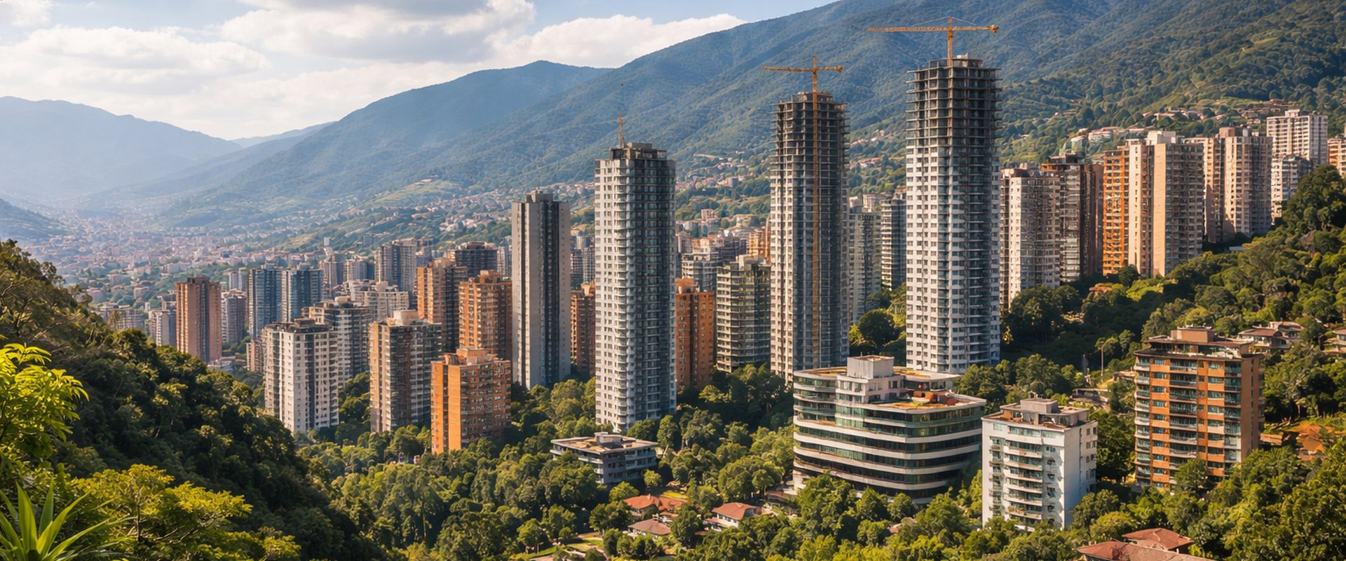 Panoramic view of El Poblado towers rising through lush green hillside in Medellín